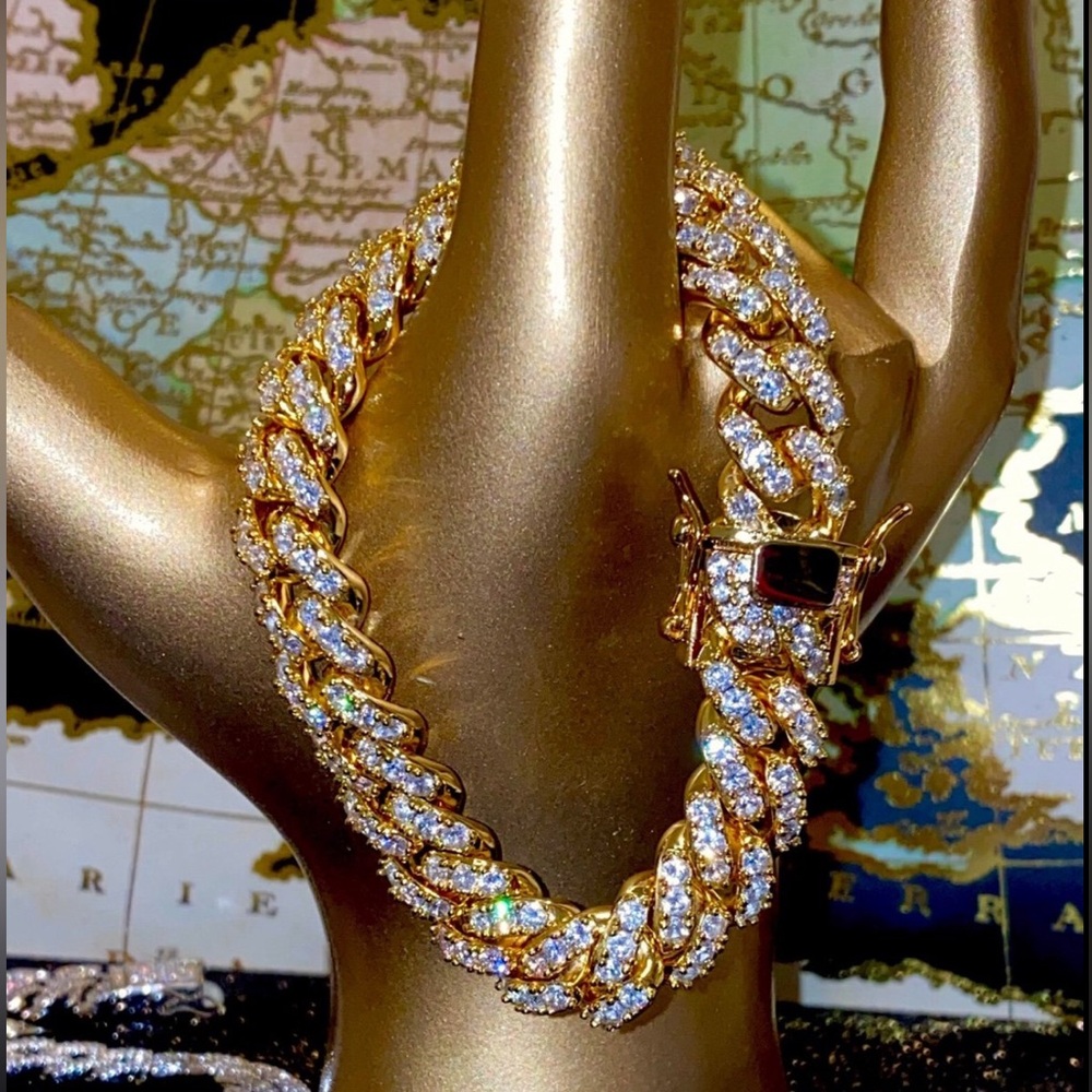 🔥Men's Ice Out 12mm 7.5” Miami Cuban Bracelet 14k Gold Plated Bling Bust Down